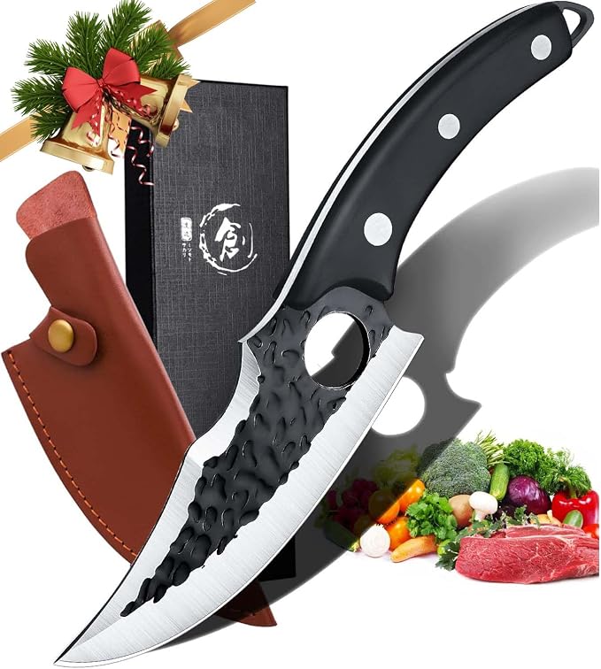 DRGSKL Huusk Japan Knife Upgraded Version, Fillet Caveman Viking Knives | High Carbon Steel ATS-34, Portable Sheath, Full-Tang Wood Handle, Gift Box, Anti-sticking & Antirust Hammer Texture