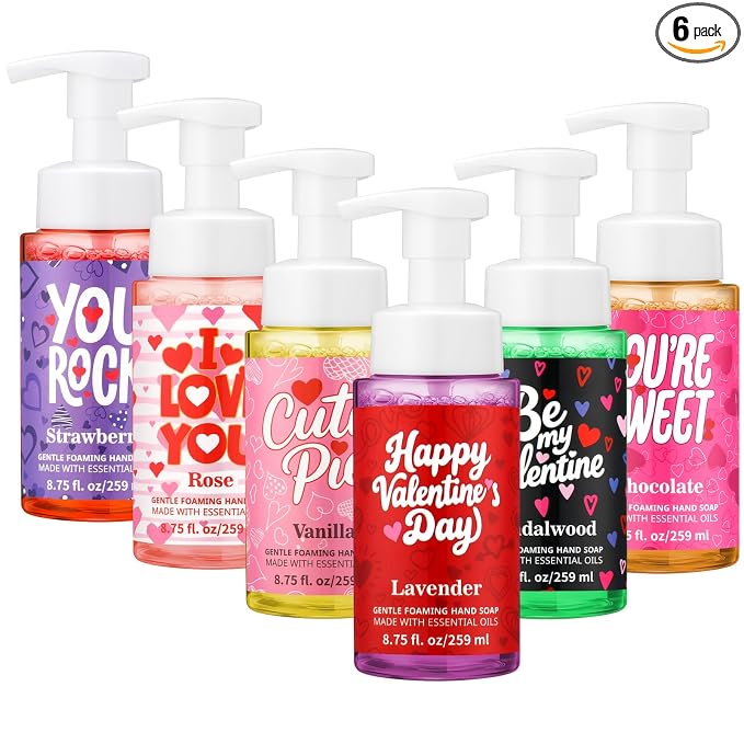6 Pack Valentine's Foaming Hand Soap with Pump Care Moisturizing Liquid Scented Foam Hand Wash Valentine's Galentine's Day Sweet Gifts for Kitchen Bathroom Family Teacher Staff 8.75 Fl. oz