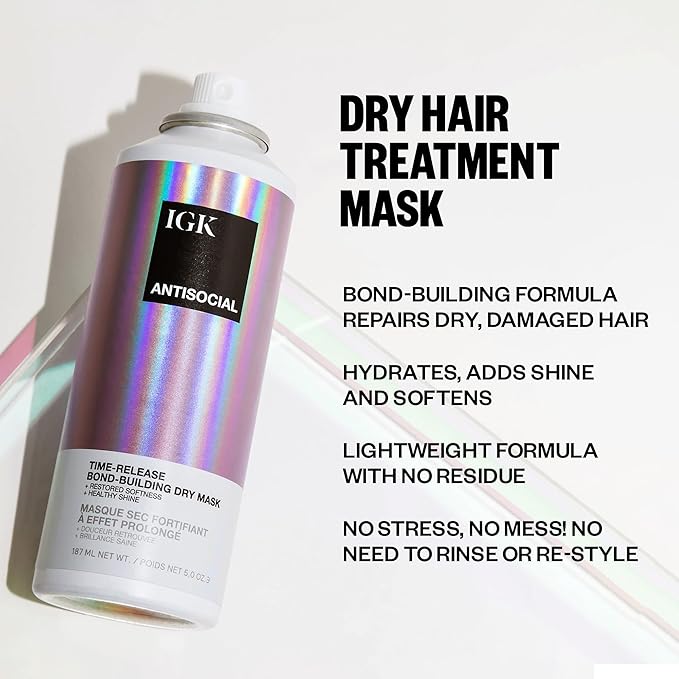 IGK Antisocial Leave-In Repair Dry Hair Mask, Overnight Bond-Building Treatment for Damaged Hair, No-Rinse Spray Smooths Frizz + Adds Shine, Vegan + Color-Safe, 5 fl oz