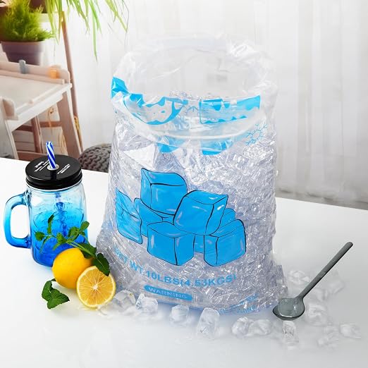 100 PACK 10 lb. Drawstring Ice Bags 12 x 21 Inch Heavy-Duty | Plastic Ice Bags with Cotton Drawstring (2mil Thickness, Design of The Ice Pattern)
