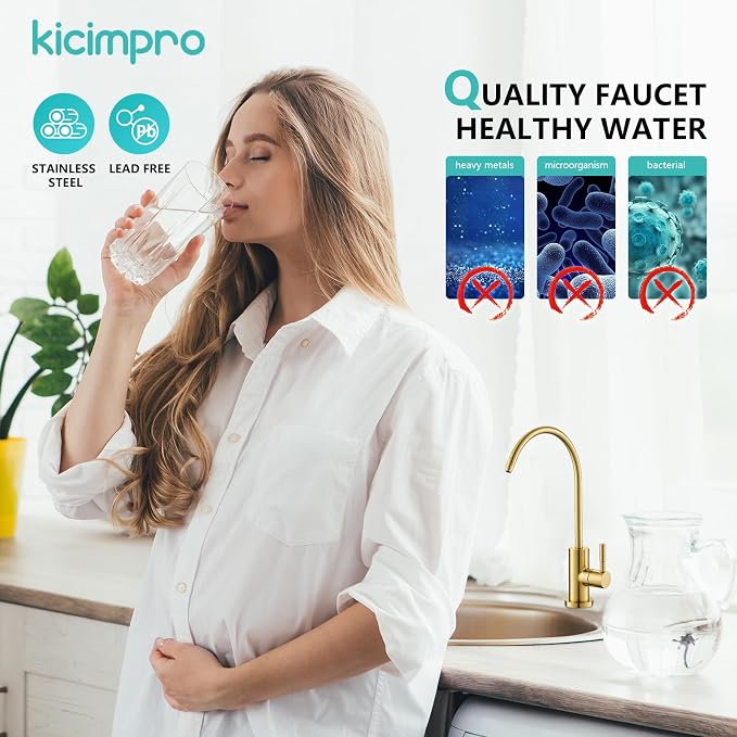 Gold Reverse Osmosis Faucet Kicimpro Kitchen Water Filter Faucet Non-Air-Gap Drinking Water Bar Faucet 304 Stainless Steel Gold Finish Lead-Free