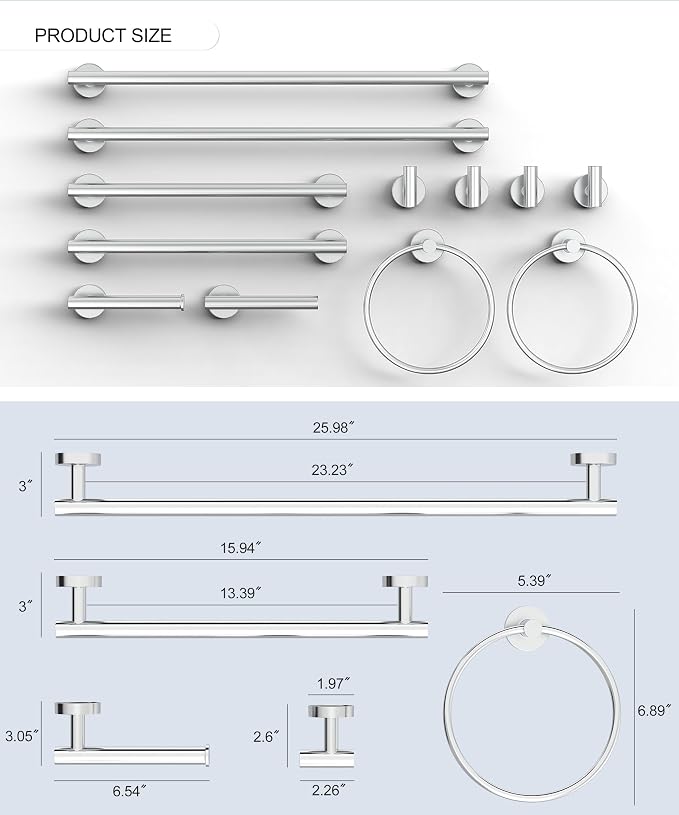 12 Pcs Chrome Bathroom Accessories Set, HOMEMYSTIQUE SUS304 Stainless Steel Bathroom Hardware Set, Bath Towel Bar Set, Toilet Paper Holders, Towel Rings Racks, Robe Towel Hooks