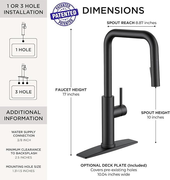 FORIOUS Kitchen Faucet with Pull Down Sprayer, Matte Black Single Handle U-Spout Stainless Steel Kitchen Sink Faucet, 1 or 3 Hole Deck Mount for RV, Bar, Farmhouse, Laundry, Outdoor