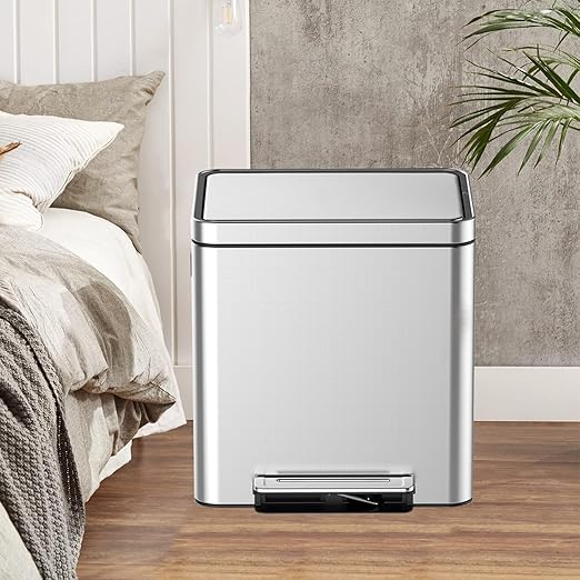 Takywep 2x10.6 Gallon Stainless Steel Trash Can with Soft-Close Lid & Foot Pedal, Rectangular Recycling Bin with 2 Removable Buckets for Kitchen, Office, Home Waste Separation