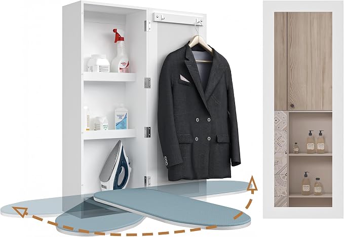 180° Swivel Wall Mount Ironing Board Cabinet with Storage,White | Mirrored Door|3-Tier Storage Shelves|15 Minutes to Installs|2 Clothes Hooks|Space-Saving