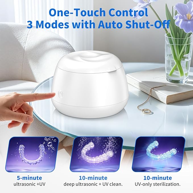 Ultrasonic Retainer Cleaner Machine 48kHz Denture and Aligner Cleaning Pod for Mouth Guards Night Guards Dental Trays Braces Toothbrushes Jewelry with 200ML Capacity (White)