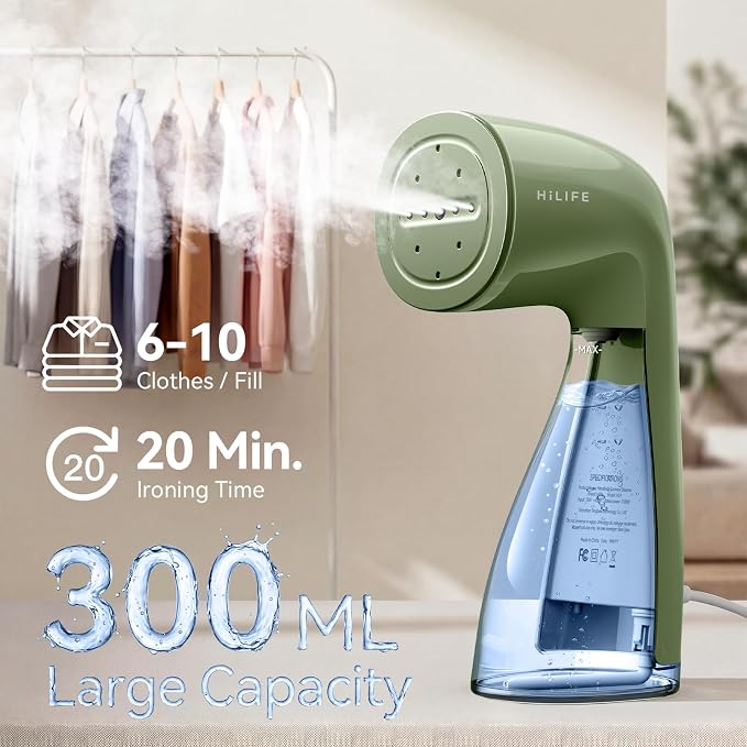 HiLIFE Steamer for Clothes, Portable Handheld Design, 240ml Big Capacity, 700W, Strong Penetrating Steam, Removes Wrinkle, for Home, Office and Travel(ONLY FOR 120V) (Olive Green)