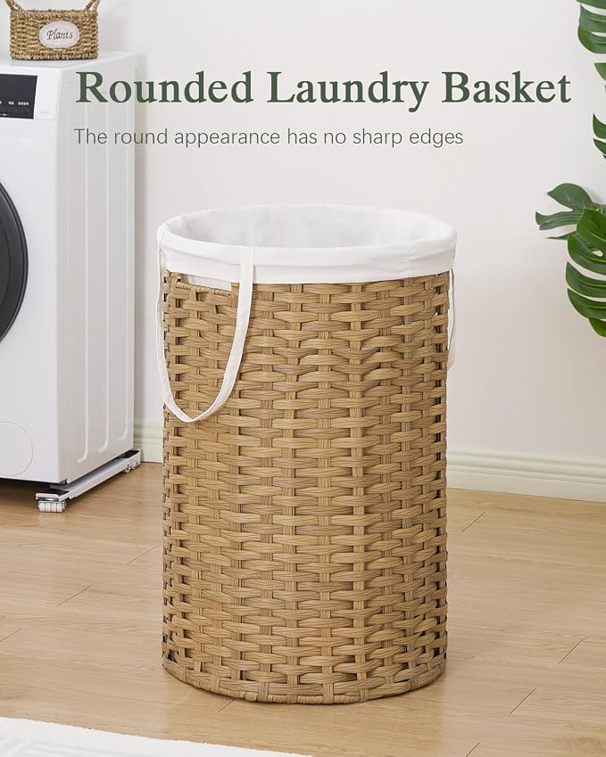 SETVSON 34.3 Gal (130 L) Large Laundry Hamper Laundry Basket Round Handwoven Wicker Laundry Baskets Rattan Laundry Basket with Removable Bag Handles 2 Mesh Bags for Living Room Bedroom Natural(No Lid)