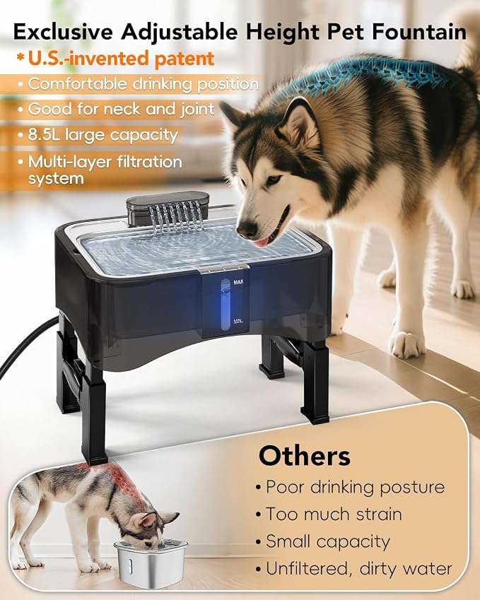 UPSKY 8.5L Elevated Dog Water Fountain with 4 Heights Adjustable, Grey | Larger Dog Water Dispenser, 304 Stainless Steel Tray, 5-Layer Filtration, Anti-skid, for Senior/Large Dogs & Multi-pet Homes