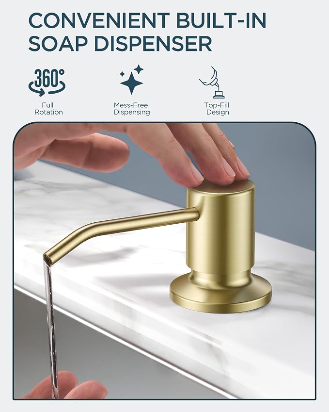 FORIOUS Gold Kitchen Faucet with Soap Dispenser, High Arc Modern Sink Faucet with Pull Down Sprayer and Deck Plate Fit for 1 or 3 Hole for Pot Filler Bar Farmhouse Laundry Rv, Brushed Gold