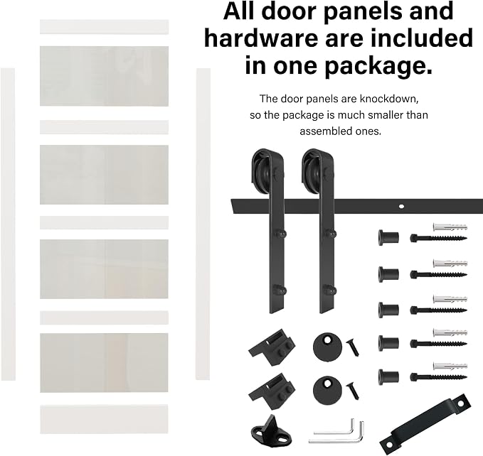30" x 84" 5-Lites Frosted Glass Sliding Barn Door with 6FT Sliding Door Hardware Kit, Easy Assembly for Mortise and Tenon Structure, Water & Scratch Resistant MDF Barn Doors for Bathroom, Pre-Drilled