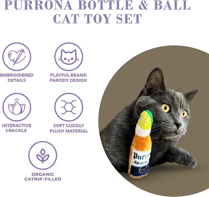 Haute Diggity Kitty Purrrona Beer Bottle & Ball Set, Plush Cat Toys Catnip Filled with Interactive Crackle Sound, Safe & Durable Toys for Cat & Kitten, 2 Pcs