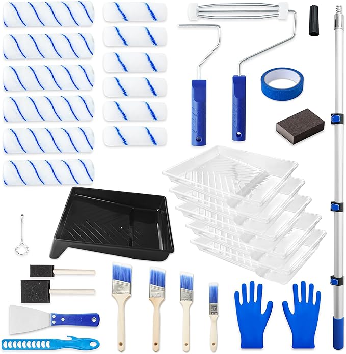 MAXWAVE Paint Roller Kit with Extension Pole, 34 Piece Set, 4" and 9" Paint Rollers, 1.63 Ft to 4 Ft Pole, Painting Brushes Supplies for Professional House Wall Latex, Oil Paints and Stains