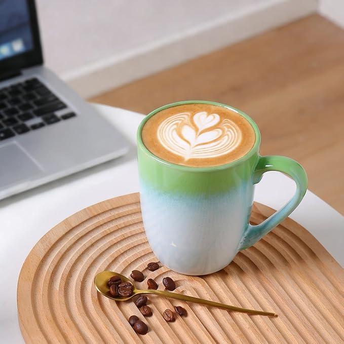 MONITO 17oz Ceramic Coffee Mugs Set of 6, Green Gradient Mugs with Handle | Mugs with Gold Rim for Latte,Tea&Cocoa,Dishwasher&Microwave Safe,Reactive Glaze Cups,Ideal Gift for Office and Home Use