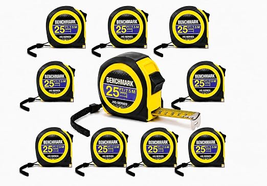 10 Pack - Tape Measures 25ft / 7.5m – Inch & Centimeter Marks. Rugged Outer Shell with Easy Grip Design - High Visibility Steel Tape - Thumb Lock - Autowind - Belt Clip – Retractable Measuring Tape