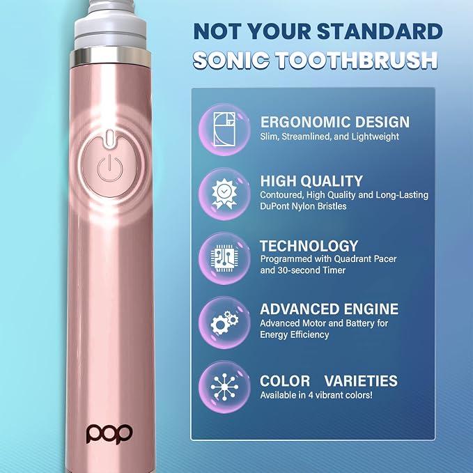Pop Sonic The Ultimate Pro Toothbrush (Rose Gold) | Rechargeable Toothbrush w/Up to 40,000 Brush Strokes/Minute -Long-Lasting Dupont Nylon Bristles -Teens & Adult Toothbrush