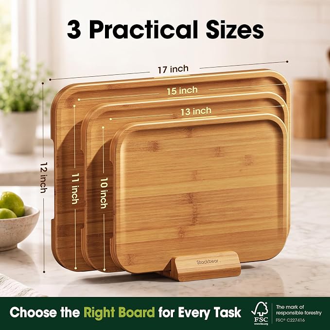 FSC-Certified Deep-Carbonized Bamboo Cutting Board for Kitchen with Wood Stand