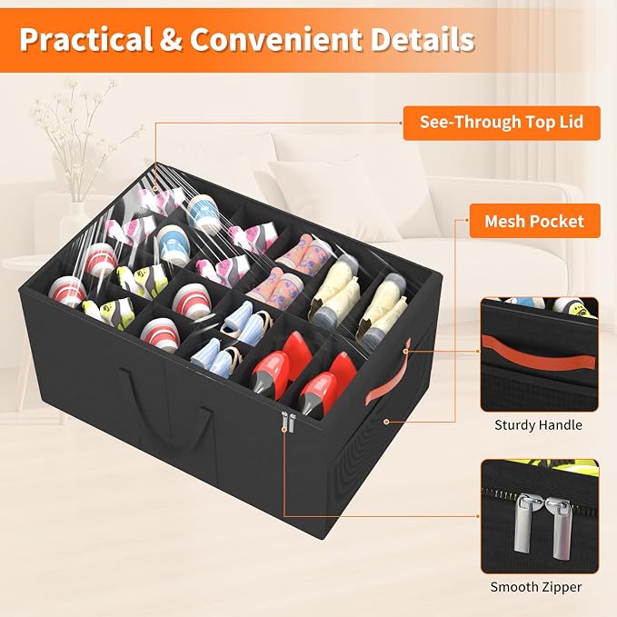 Aokeyee 2 Pack Shoe Organizer for Closet, Large Shoe Storage Box, Black | Fits up to 48 Pairs, Stackable, Space Saving, Foldable, Shoes Organizer Bin with Clear Cover, 4 Reinforced Handles