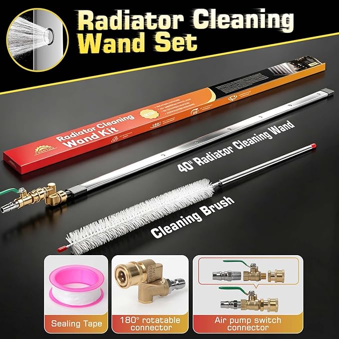 40" Upgraded Radiator Cleaning Wand Set | 25° Fan Nozzles,Water&Air Dual-Use,4500 PSI Pressure,Stainless Steel Washer Tool for Car,Truck and Other Vehicles