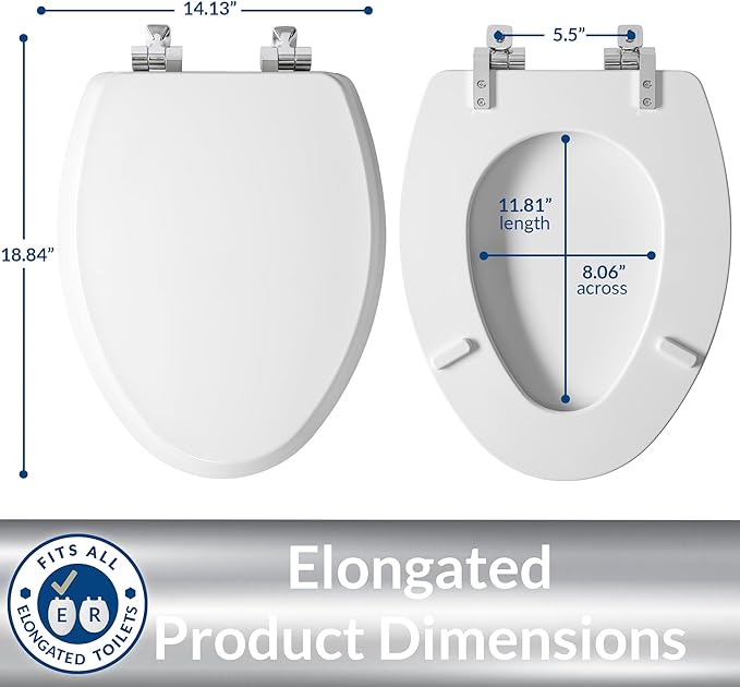 Mayfair Bennett Toilet Seat with Chrome Hinges, Slow Close Wood Seat, Secure Metal Hinges, Easy Install, Made in USA, Elongated, White
