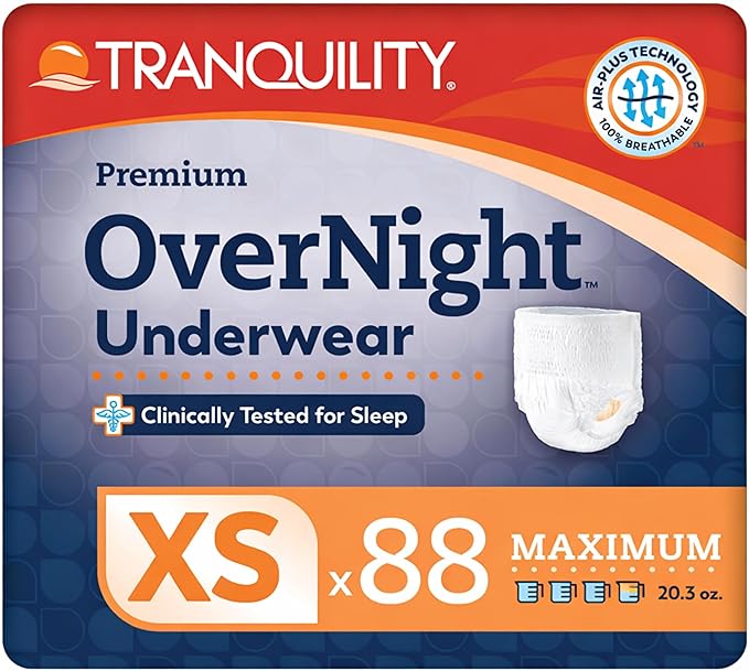 Tranquility Premium OverNight Disposable Absorbent Underwear (88 Count) - XS, 17-28 in. Waist - Maximum Absorbency, All-Night Sleep, Breathable Comfort, 88 Adult Diapers