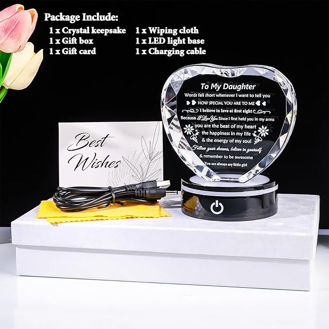 YWHL Daughter Gifts from Mom Dad Best Birthday Graduation Gifts Ideas for Adult Daughter Crystal Keepsake Present with Light Base Gift for Daughters on Christmas Valentines Mothers Day