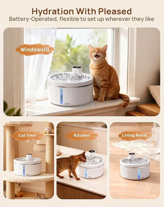 Wireless Cat Water Fountain [with Stainless Steel Tray], 84oz/2.5L Pet Fountain for Cats Inside, Cat Fountain for Drinking
