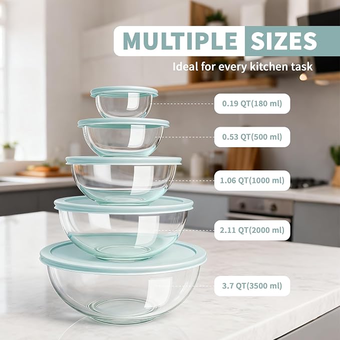 Luvan Glass Mixing Bowl with Lids Set of 5(0.2QT, 0.5QT, 1.1QT, 2.1QT, 3.75 QT), Space-Saving Nesting Bowls Anti-slip Salad Bowls for Storage, Cooking, Microwave,Freezer,Oven and Dishwasher Safe