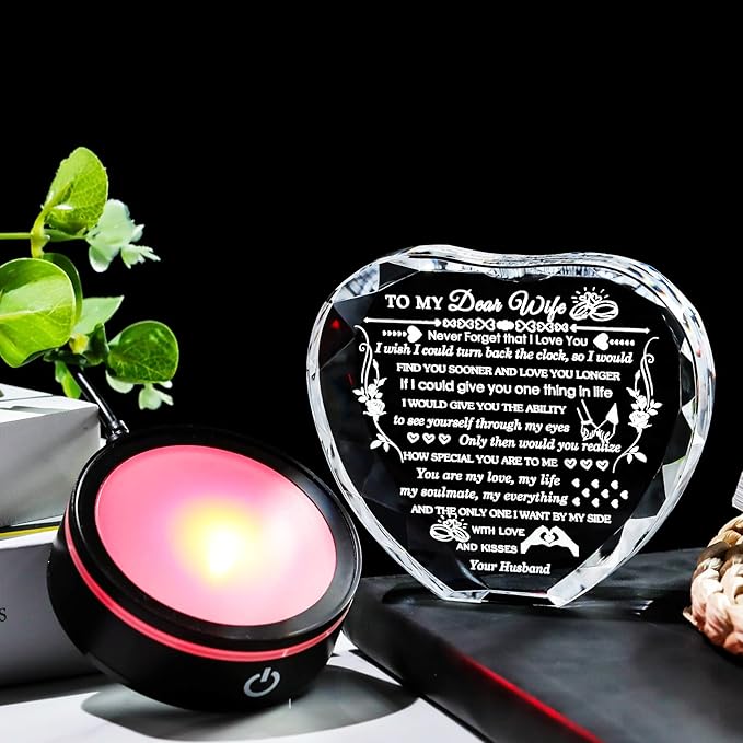 Arikyrist Gifts for Wife with Colorful LED Base Romantic Wife Anniversary Birthday Gift Ideas Crystal Heart to My Wife Gifts from Husband on Valentine's Day Christmas Mother's Day