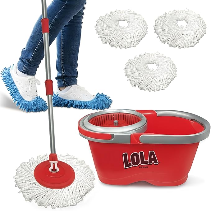 Revolution Deluxe Spin Mop & Bucket, w/ 3 Microfiber Washable Heads, 1 Pair Microfiber Mop Slippers, Fast Dry, Deep Clean Floors & Hands-Free Wringer, Easy Spin Dry, No Exhaustive Foot Pedal, LOLA