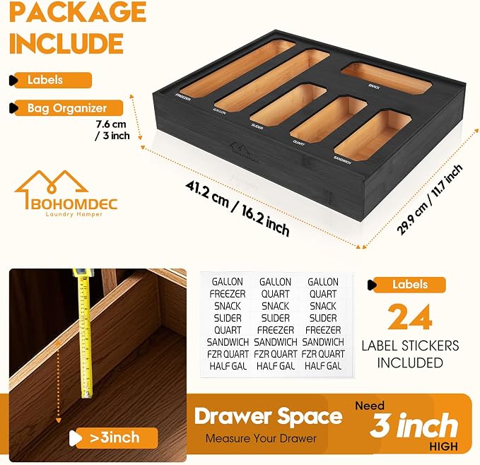 6 in 1 Bamboo Ziploc Bag Storage Organizer, Black Baggie Organizer for Drawer with Sliding Lid - Fits Gallon, Quart, Sandwich, Snack & Freezer Bags, Wall Mountable Kitchen Drawer Organization