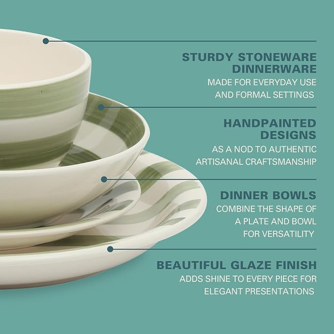 Gibson Home Kenwood Shores 16 Piece Dinnerware Set, Green Striped, Hand-Painted Stoneware, Plates and Bowls, Service for 4, Microwave & Dishwasher Safe