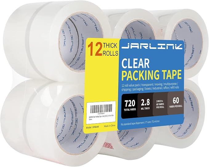 JARLINK 12 Rolls Clear Packing Tape, Heavy Duty Packaging Tape | Stronger and Thicker 2.8mil, 2" Wide. 60 Yards per Roll, 720 Total Yards. Moving Supplies for Shipping Packaging Sealing