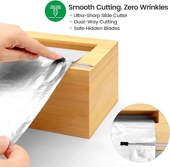 Libreshine 18 Inch Plastic Wrap Dispenser with Cutter & Roller, Heavy Duty Bamboo Commercial Film Wrap Holder for 3000ft Food Service Cling Film, 1000ft Foil, Butcher/Freezer/Kraft Paper