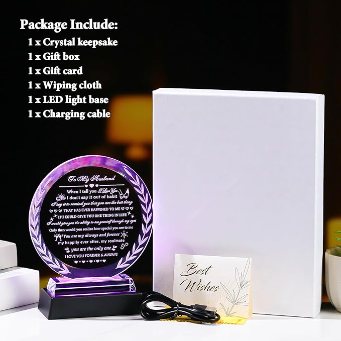 YWHL Gifts for Husband from Wife with Colorful LED Base Anniversary Birthday Husband Gifts Ideas to My Husband Crystal keepsake Best I Love You Gift for Him on Valentine's Day Fathers Day Christmas