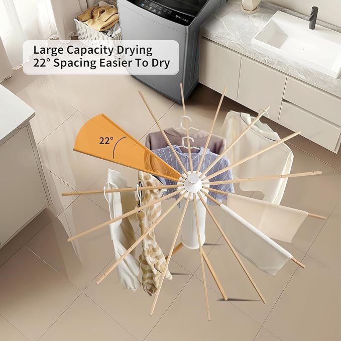 RFOUO Clothes Drying Rack Tripod,Foldable Portable Laundry Drying Rack with Wooden 16 Rods, Space-Saving Freestanding Clothes Rack for Indoor Outdoor, Apartment, Bedroom, Laundry Room