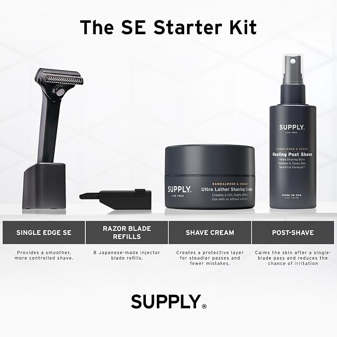 SUPPLY Single Edge SE Shaving Starter Kit for Men – Includes Safety Razor in Classic Matte, 8 Black Label Blade Refills and Shaving Cream 3.4 oz & Post Shave Lotion 2 oz in Sandalwood & Cedar
