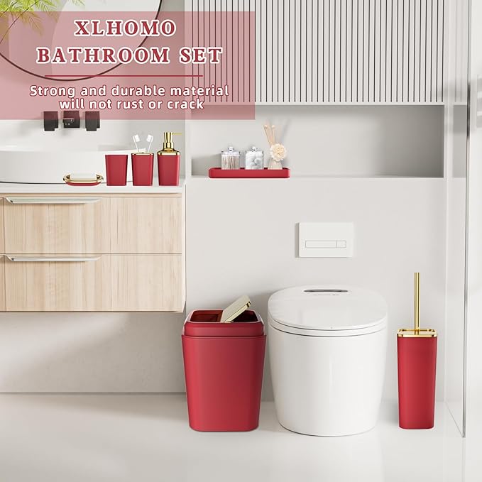 XLHOMO Bathroom Set, 9PC Bathroom Accessory Set, Burgundy Bathroom Accessories, Burgundy Bathroom Set, Trash Can, Soap Dispenser for Home Decor