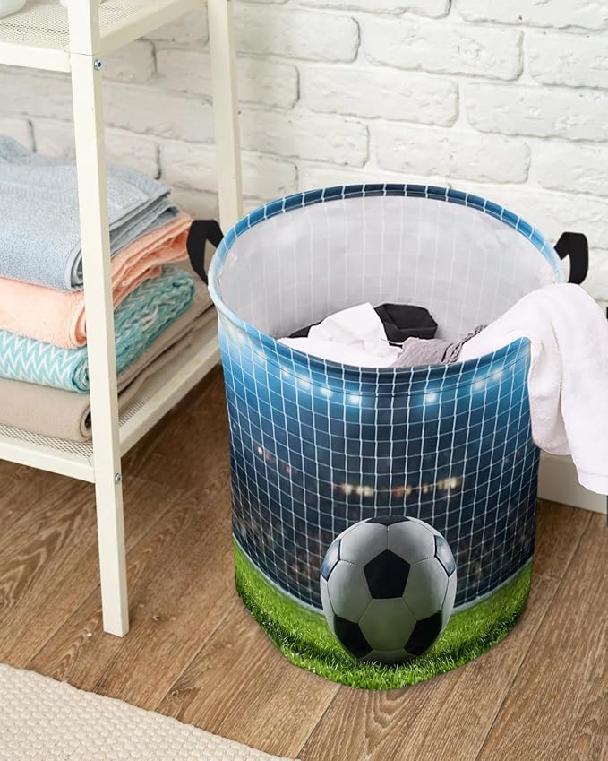 Collapsible Laundry Basket 60L, Football Storage Bin Laundry Hamper with Handles, Soccer Ball Sports Net Mesh Evening Match Waterproof Clothes Baskets for Bathroom/Bedroom 16.5 x 17 In