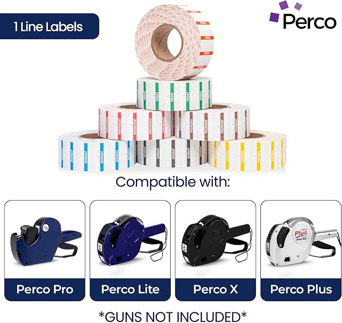 Perco 1 Line Day of The Week Labels - 7,000 Blank Dating Labels for Perco Lite, X, Plus and Pro 1 Line Date Guns - 7 Rolls (Full Week), 1 Sleeve - Made in USA