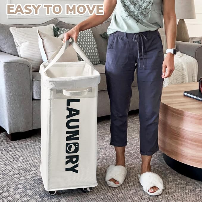 CHICVITA Collapsible Laundry Hamper on Wheels, 75L Clothes Laundry Basket with Removable Wash Bag for Dorms, Clothes Hamper with Handles, White