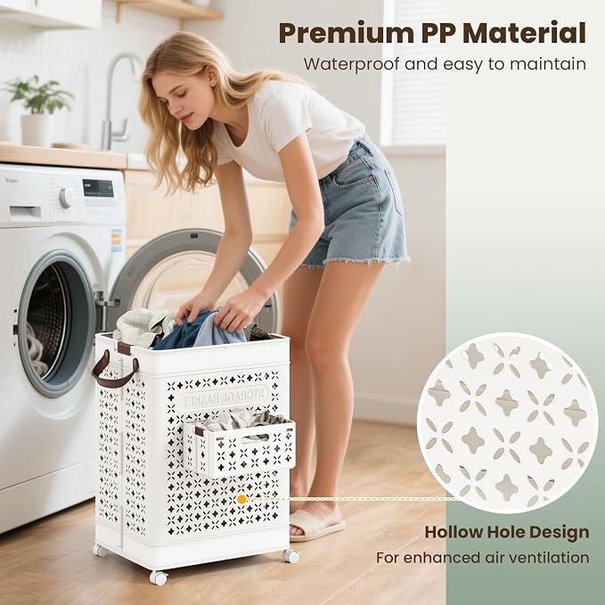 Giantex Collapsible Laundry Basket with Wheels, 75L Plastic Laundry Hamper | Foldable Dirty Clothes Hamper with Underwear Basket&Handles for Bathroom, Bedroom, Dorm Room&Laundry Room