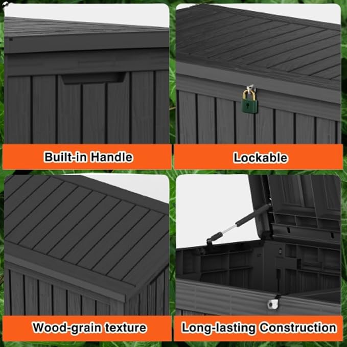TARKARI 180 Gallon Lockable Resin Deck Box, Waterproof & UV-Resistant Outdoor Storage Box for Outdoor Cushion Storage, Garden Tools & Pool Accessories Storage, Black