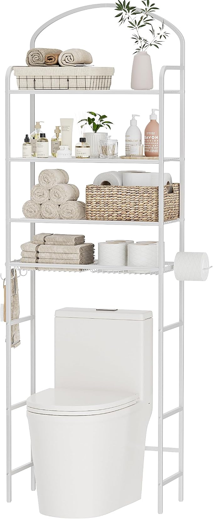4-Tier Over The Toilet Storage, Bathroom Organizer, Space-Saving, 72" H Above Toilet Storage Rack with 4 Hooks and Paper Holder, Metal Shelf, White