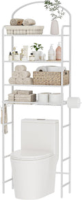 4-Tier Over The Toilet Storage, Bathroom Organizer, Space-Saving, 72" H Above Toilet Storage Rack with 4 Hooks and Paper Holder, Metal Shelf, White