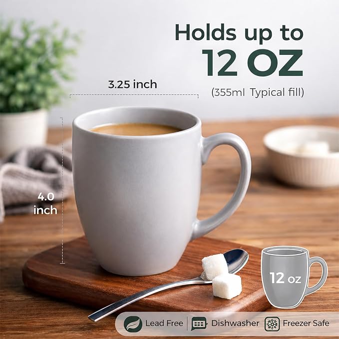 AmorArc 12 OZ Coffee Mugs, Matte Gray Coffee Cups with Large Handle for Man, Woman, Ceramic Coffee Mugs Set of 12 for Latte/Cappuccino/Cocoa/Milk, Dishwasher & Microwave Safe