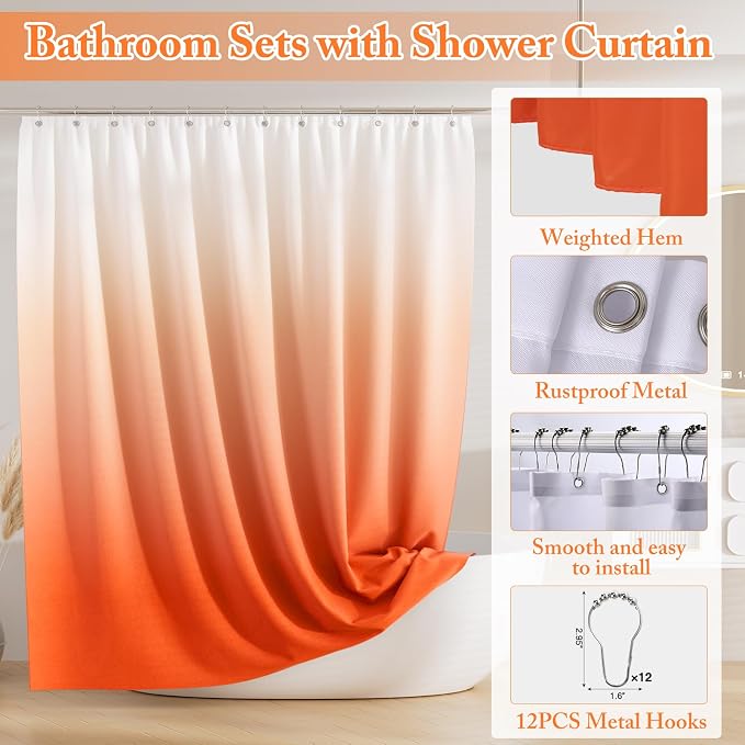 XLHOMO Bathroom Accessory Set - 24PCS Luxury Bathroom Accessories Set, Bathroom Sets with Shower Curtain and Rugs, Orange Bathroom Set with Trash Can, Toothbrush Holder & Soap Dispenser for Home Decor