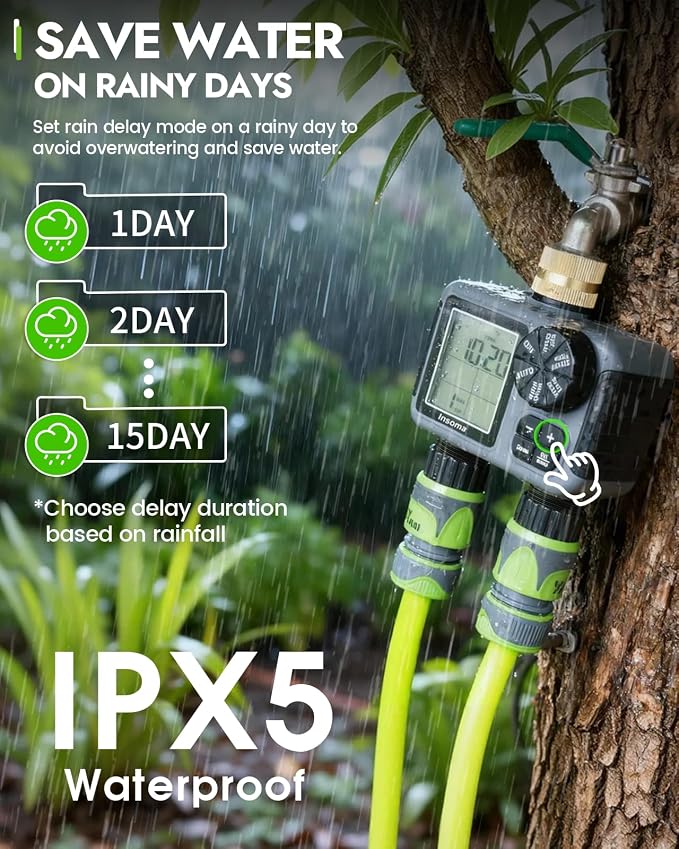 Insoma 2-Zone Sprinkler Timer with Brass Inlet, Water Hose Timer with Auto/Manual Modes + Rain Delay, Big LCD Display, for Garden, Yard Lawn, IPX5 Waterproof & Save Water