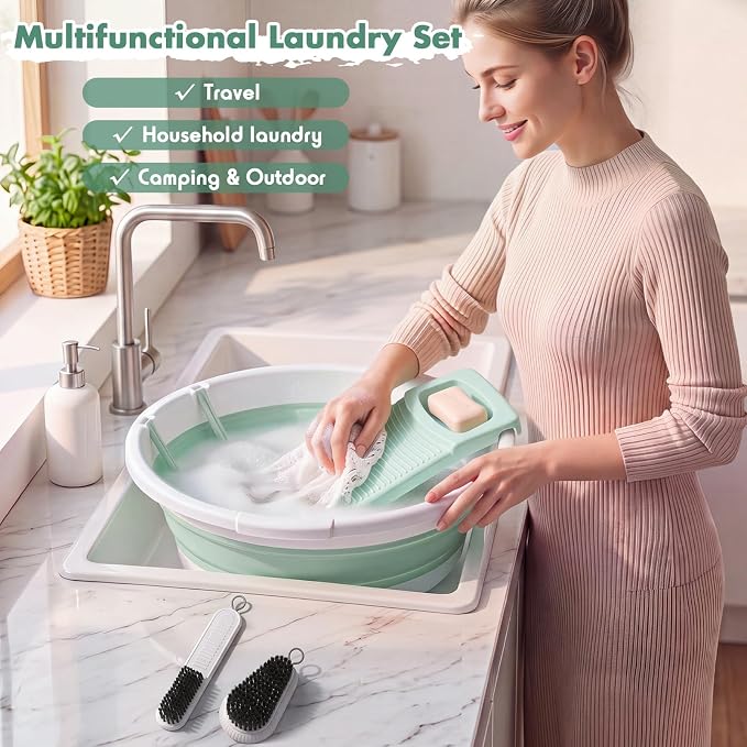 Lounsweer Large Collapsible Washboard Basin for Hand Washing Clothes with 2 Cleaning Brushes Portable Folding Laundry Tub with Non-Slip Washtub for Home Travel Camping(Green)