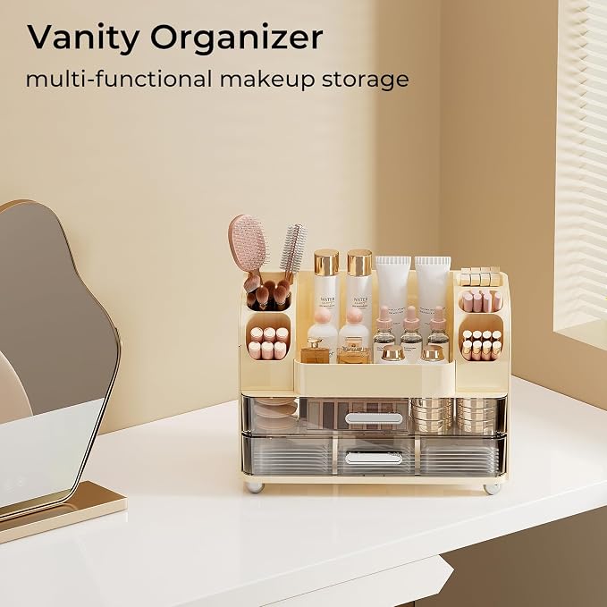 UFORU Makeup Organizer for Vanity with 2 Large Drawers, Cosmetic Display Case with Brush Holders, Easy to Storage for Bathroom Countertop Skincare, Perfume, Cream White